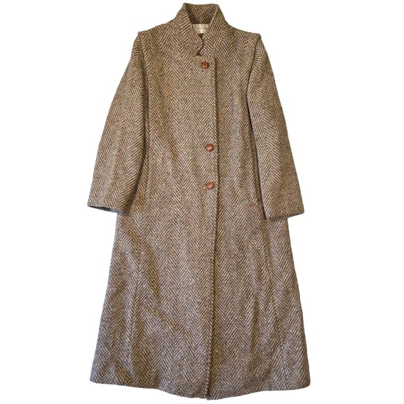 Vtg R Hennig Wool Herringbone Tweed Long Coat Womens 8 USA Made Retro Academia - Picture 1 of 6